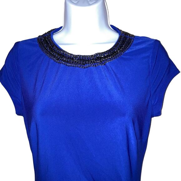 NWT Cache Round Chain Trim Neckline Gathered Ruched Short Sleeve Sheath Dress S - Picture 1 of 16